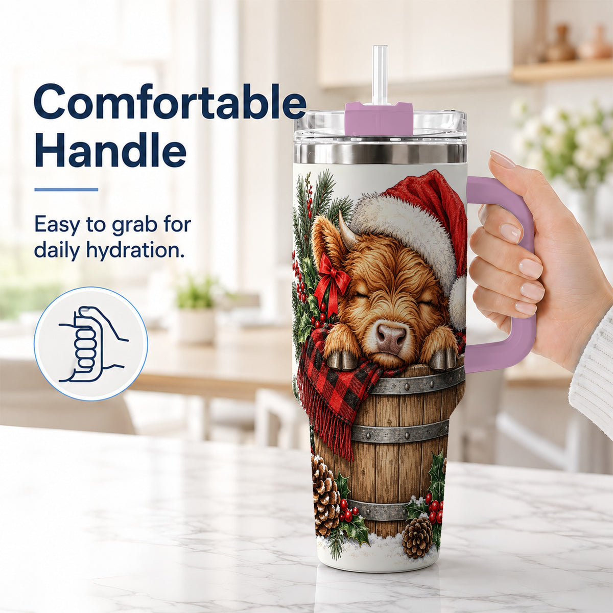 #pl[40oz|Pink] Vintage Highland Cow 40oz Tumbler with Handle, Christmas Travel Cup