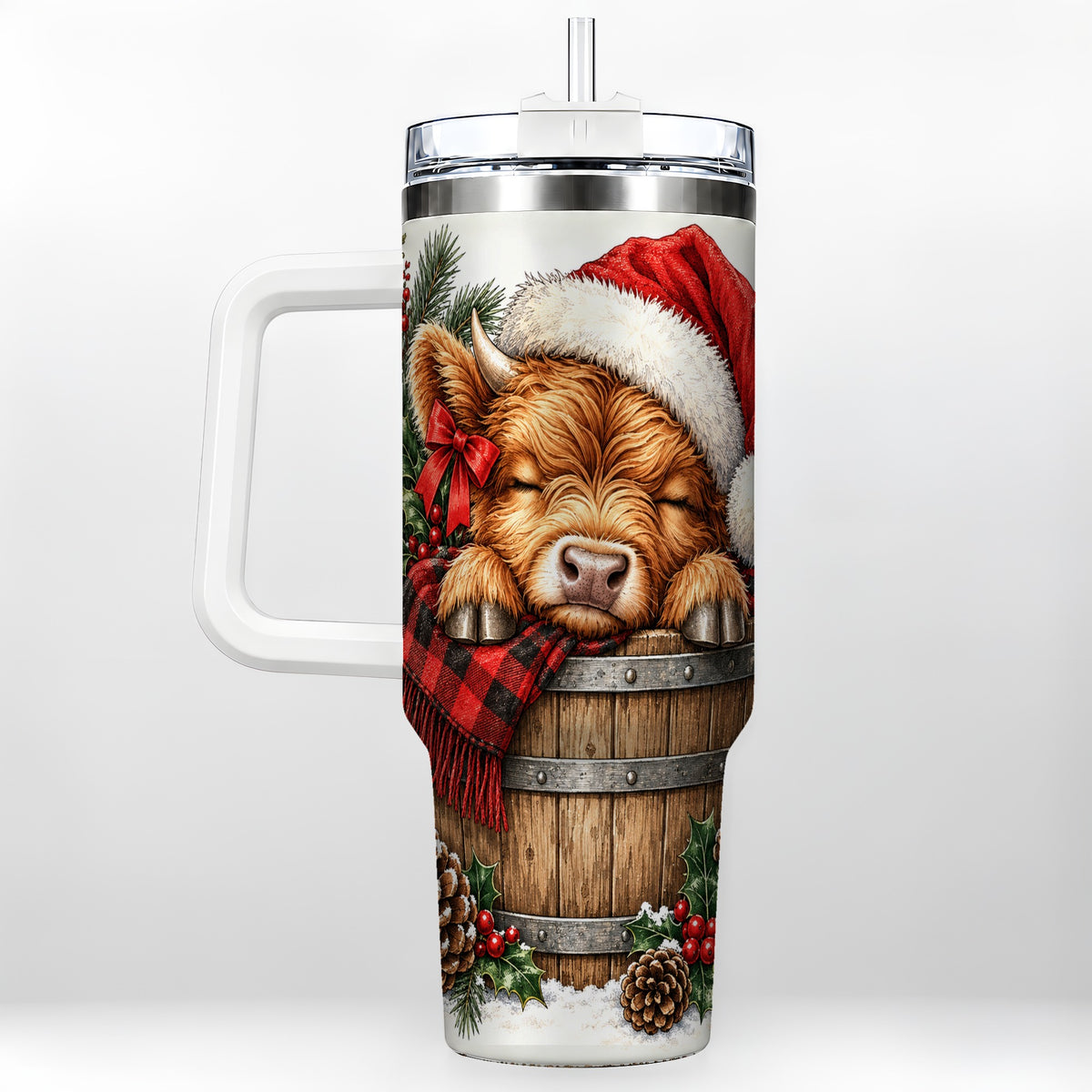 #pl[40oz|White] Vintage Highland Cow 40oz Tumbler with Handle, Christmas Travel Cup