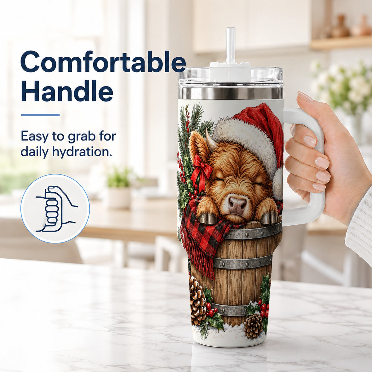 #pl[40oz|White] Vintage Highland Cow 40oz Tumbler with Handle, Christmas Travel Cup