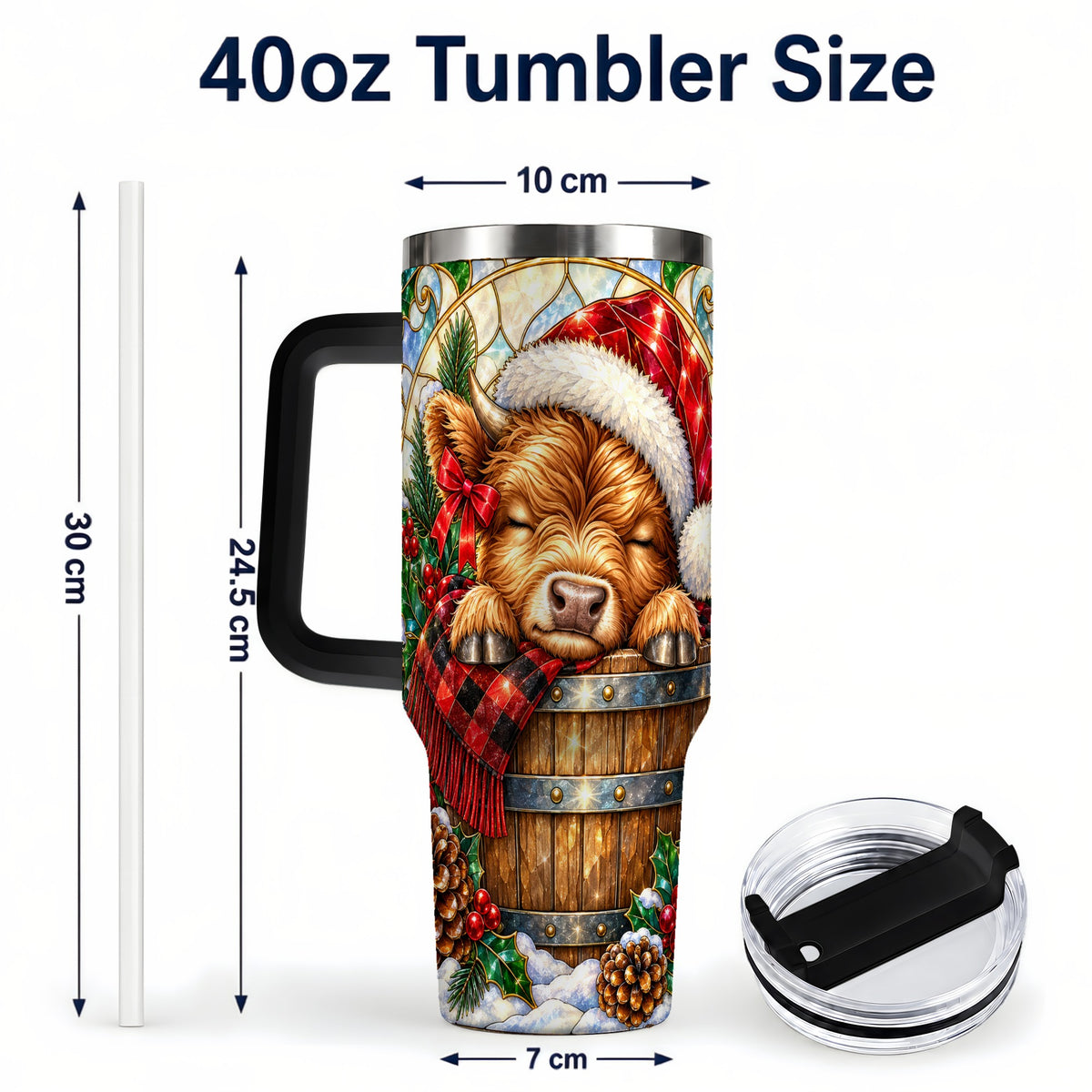 #pl[40oz|Black] Stained Glass Cow 40oz Tumbler with Handle, Christmas Travel Cup
