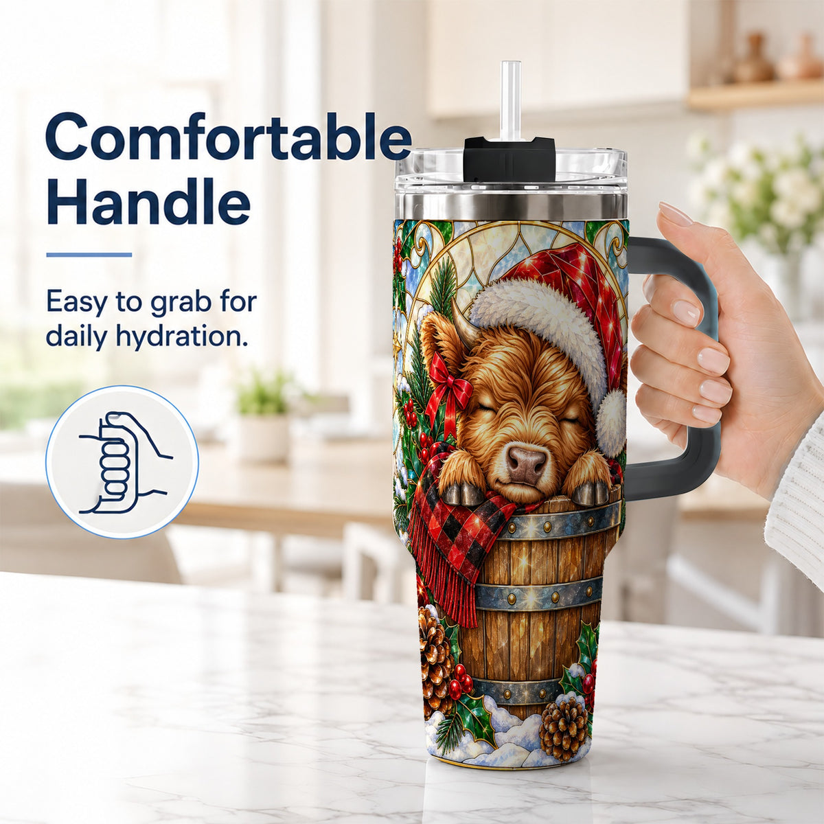 #pl[40oz|Black] Stained Glass Cow 40oz Tumbler with Handle, Christmas Travel Cup