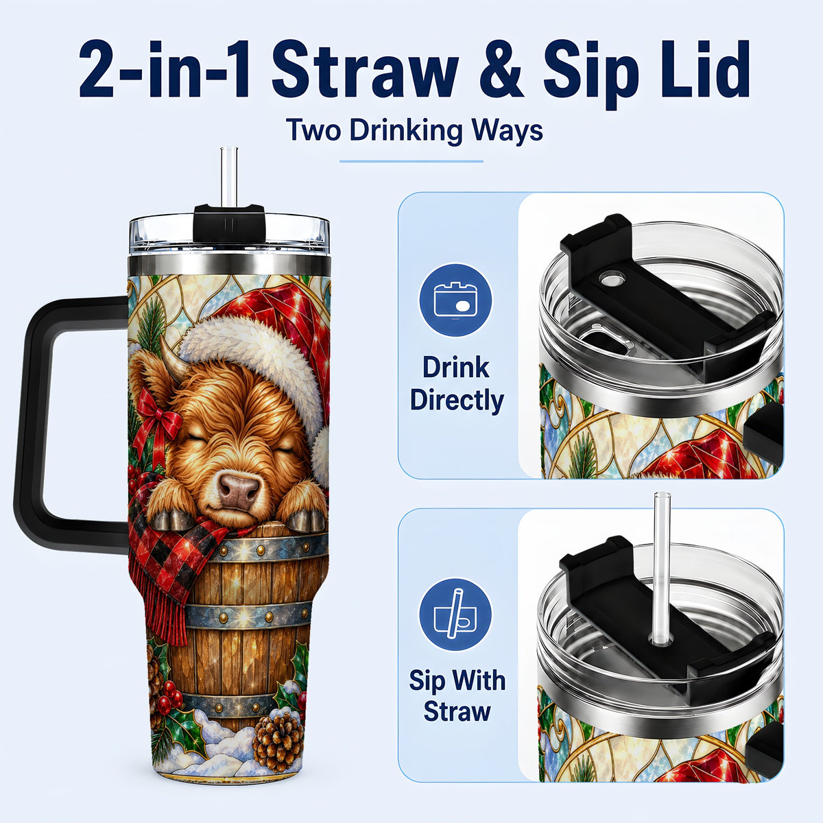 #pl[40oz|Black] Stained Glass Cow 40oz Tumbler with Handle, Christmas Travel Cup