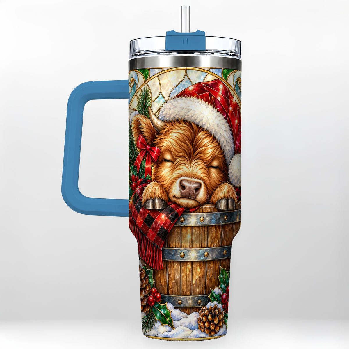 #pl[40oz|Blue] Stained Glass Cow 40oz Tumbler with Handle, Christmas Travel Cup