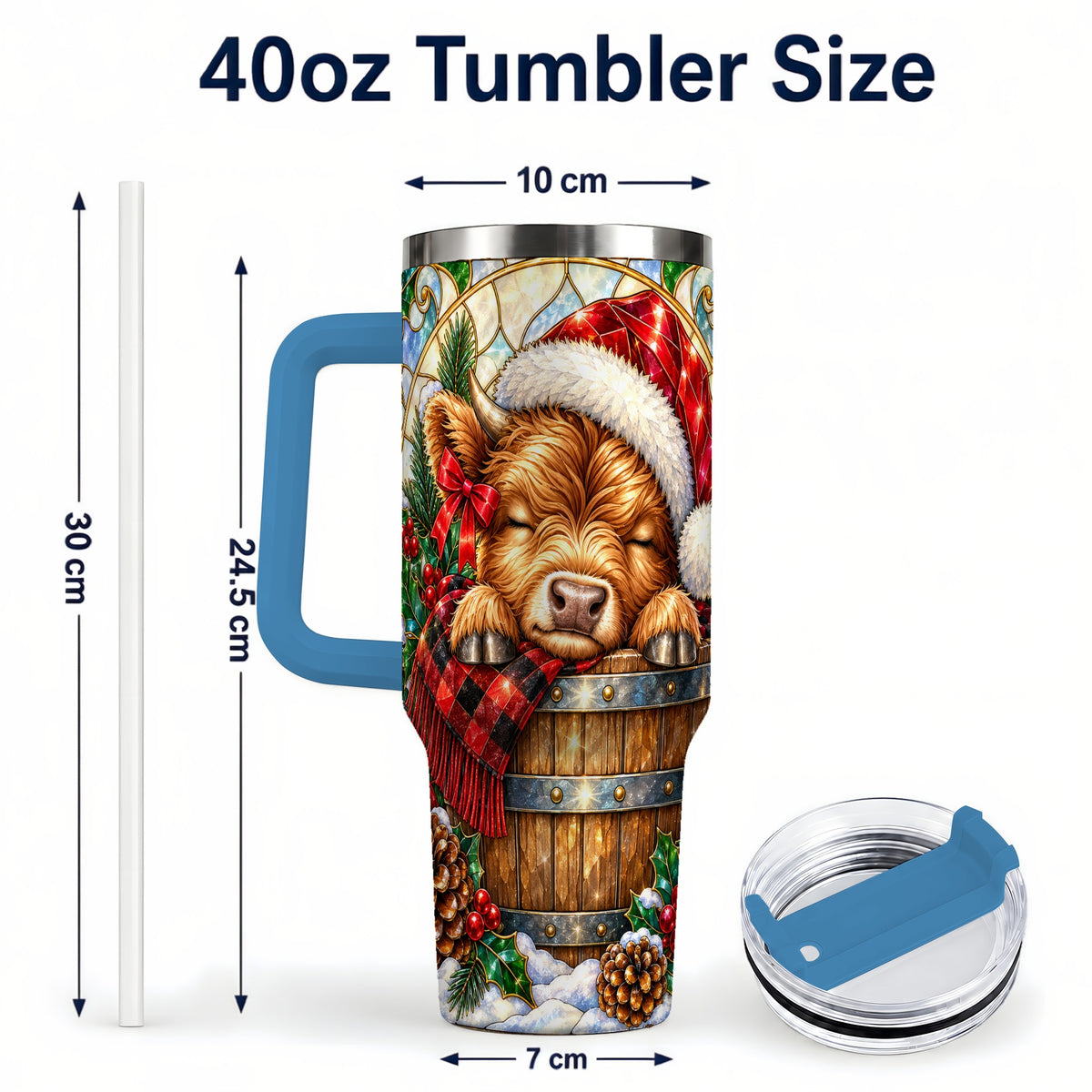 #pl[40oz|Blue] Stained Glass Cow 40oz Tumbler with Handle, Christmas Travel Cup