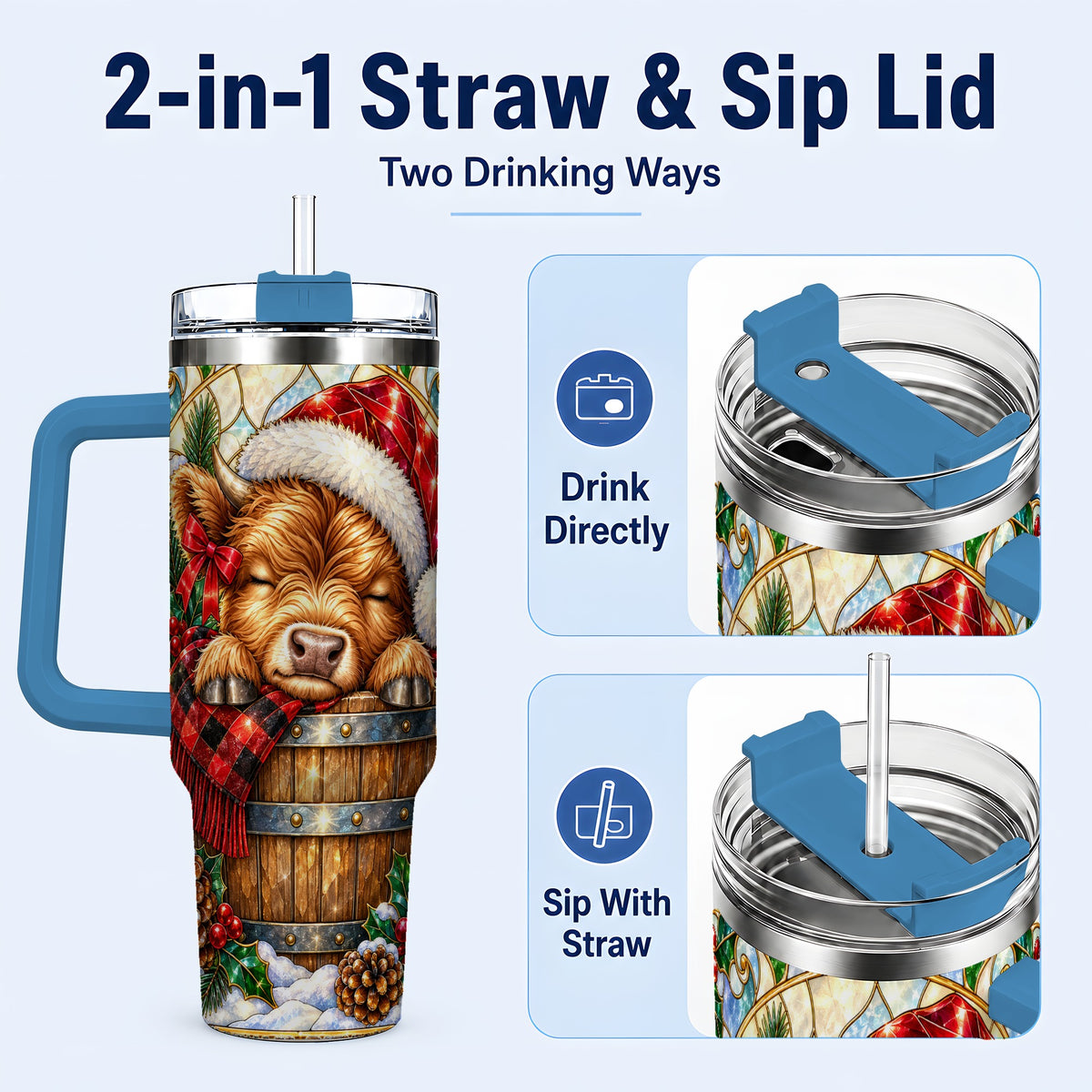 #pl[40oz|Blue] Stained Glass Cow 40oz Tumbler with Handle, Christmas Travel Cup