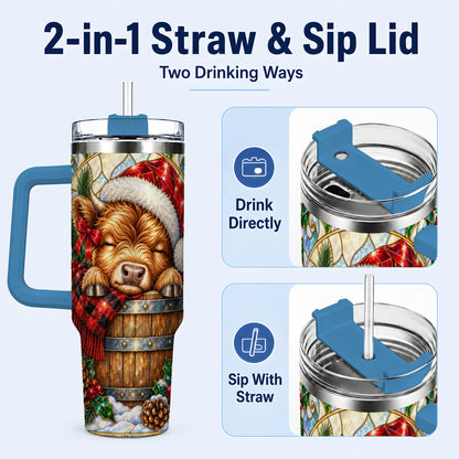 #pl[40oz|Blue] Stained Glass Cow 40oz Tumbler with Handle, Christmas Travel Cup