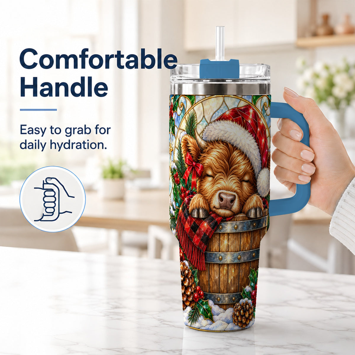 #pl[40oz|Blue] Stained Glass Cow 40oz Tumbler with Handle, Christmas Travel Cup