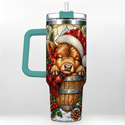 #pl[40oz|Green] Stained Glass Cow 40oz Tumbler with Handle, Christmas Travel Cup
