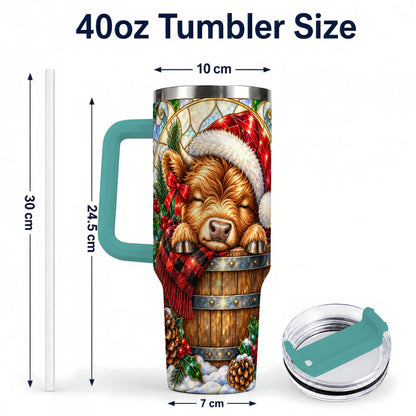 #pl[40oz|Green] Stained Glass Cow 40oz Tumbler with Handle, Christmas Travel Cup