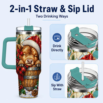 #pl[40oz|Green] Stained Glass Cow 40oz Tumbler with Handle, Christmas Travel Cup