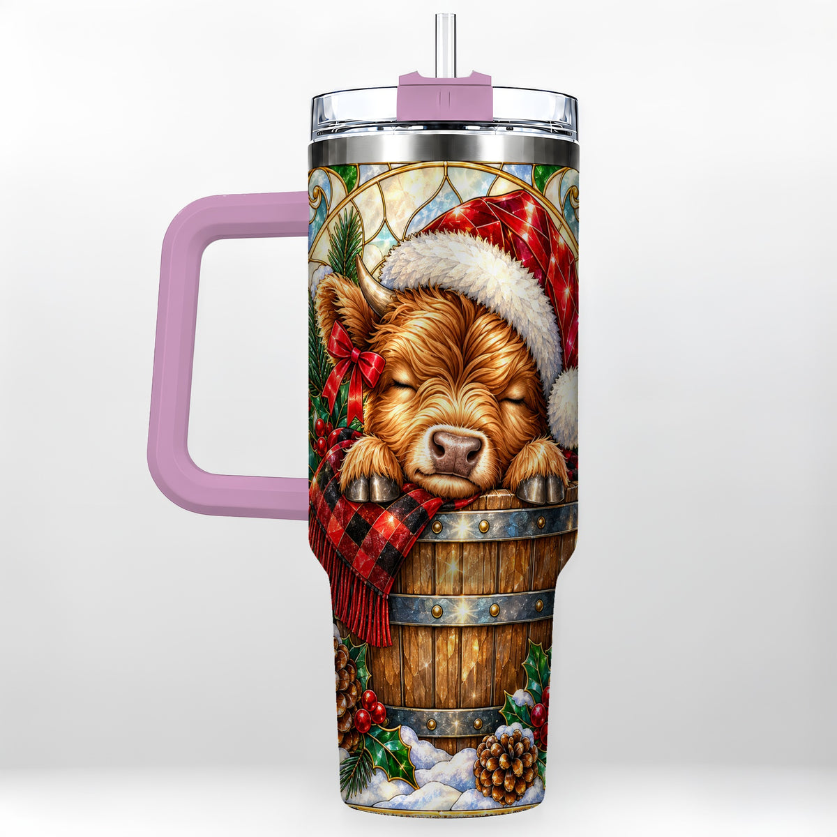 #pl[40oz|Pink] Stained Glass Cow 40oz Tumbler with Handle, Christmas Travel Cup