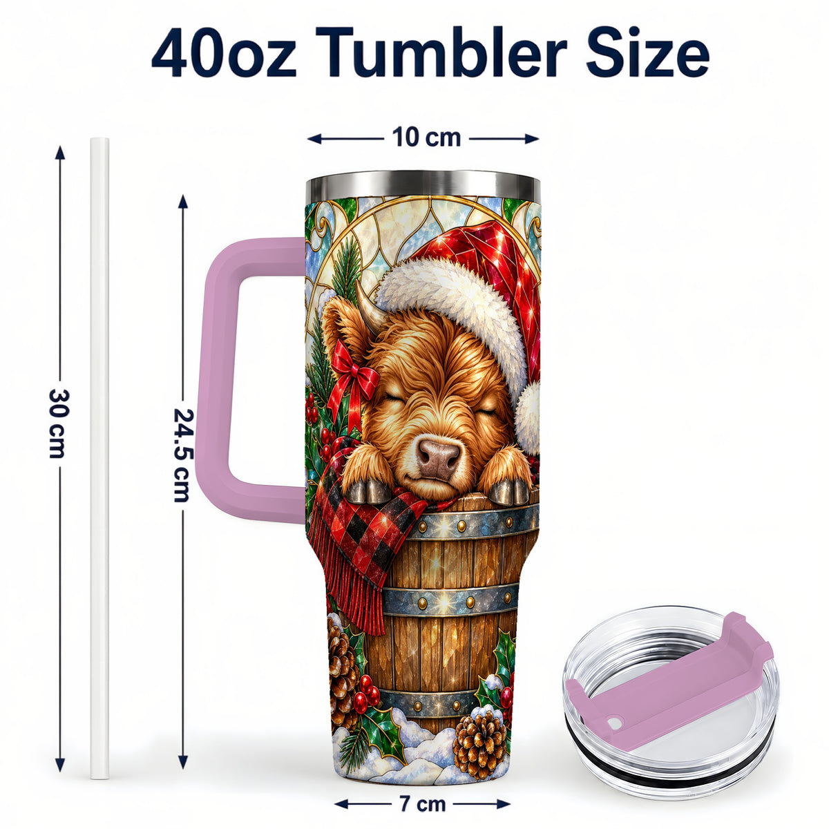 #pl[40oz|Pink] Stained Glass Cow 40oz Tumbler with Handle, Christmas Travel Cup