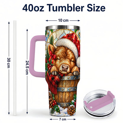 #pl[40oz|Pink] Stained Glass Cow 40oz Tumbler with Handle, Christmas Travel Cup