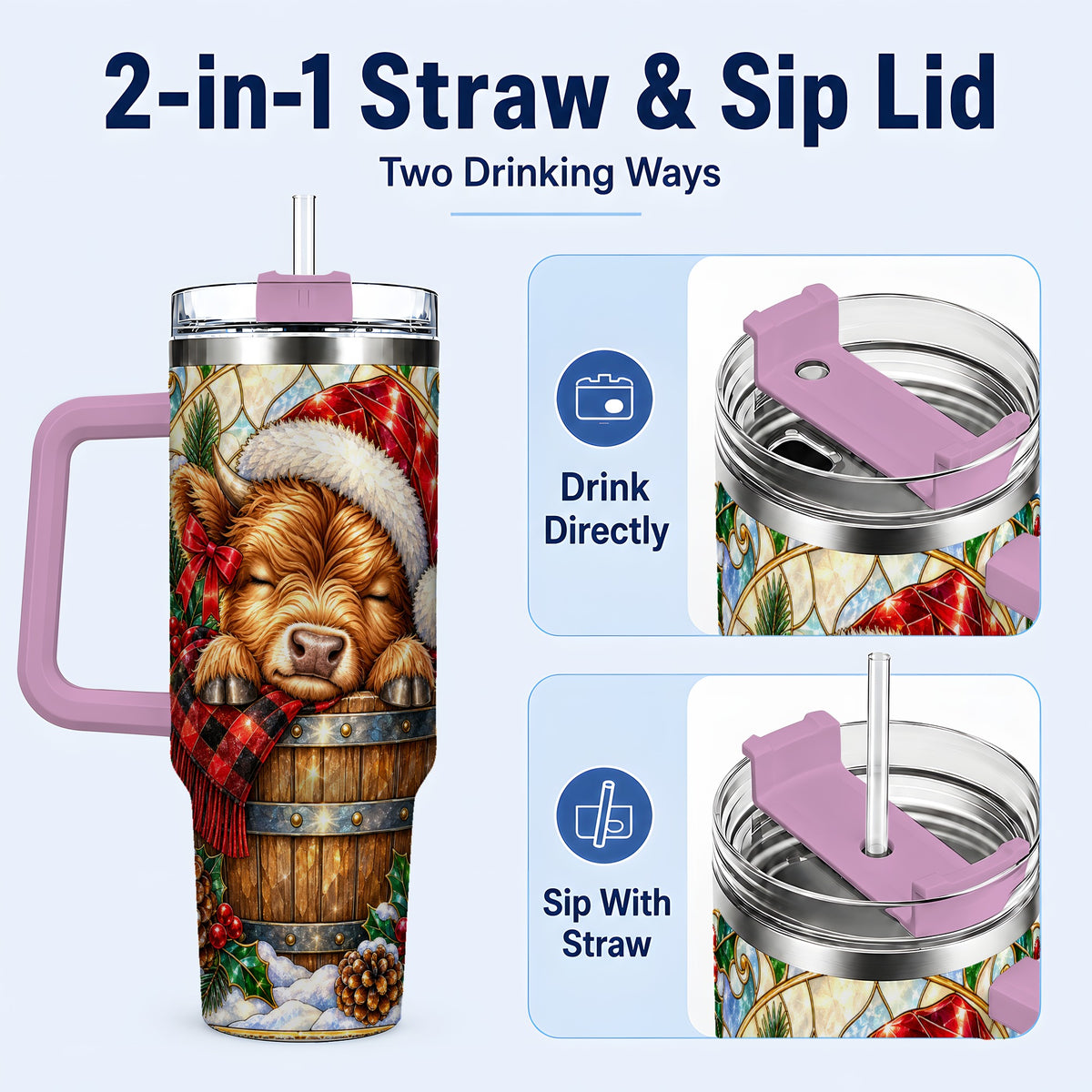 #pl[40oz|Pink] Stained Glass Cow 40oz Tumbler with Handle, Christmas Travel Cup