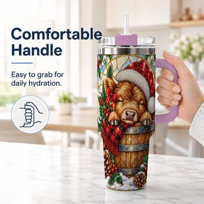 #pl[40oz|Pink] Stained Glass Cow 40oz Tumbler with Handle, Christmas Travel Cup