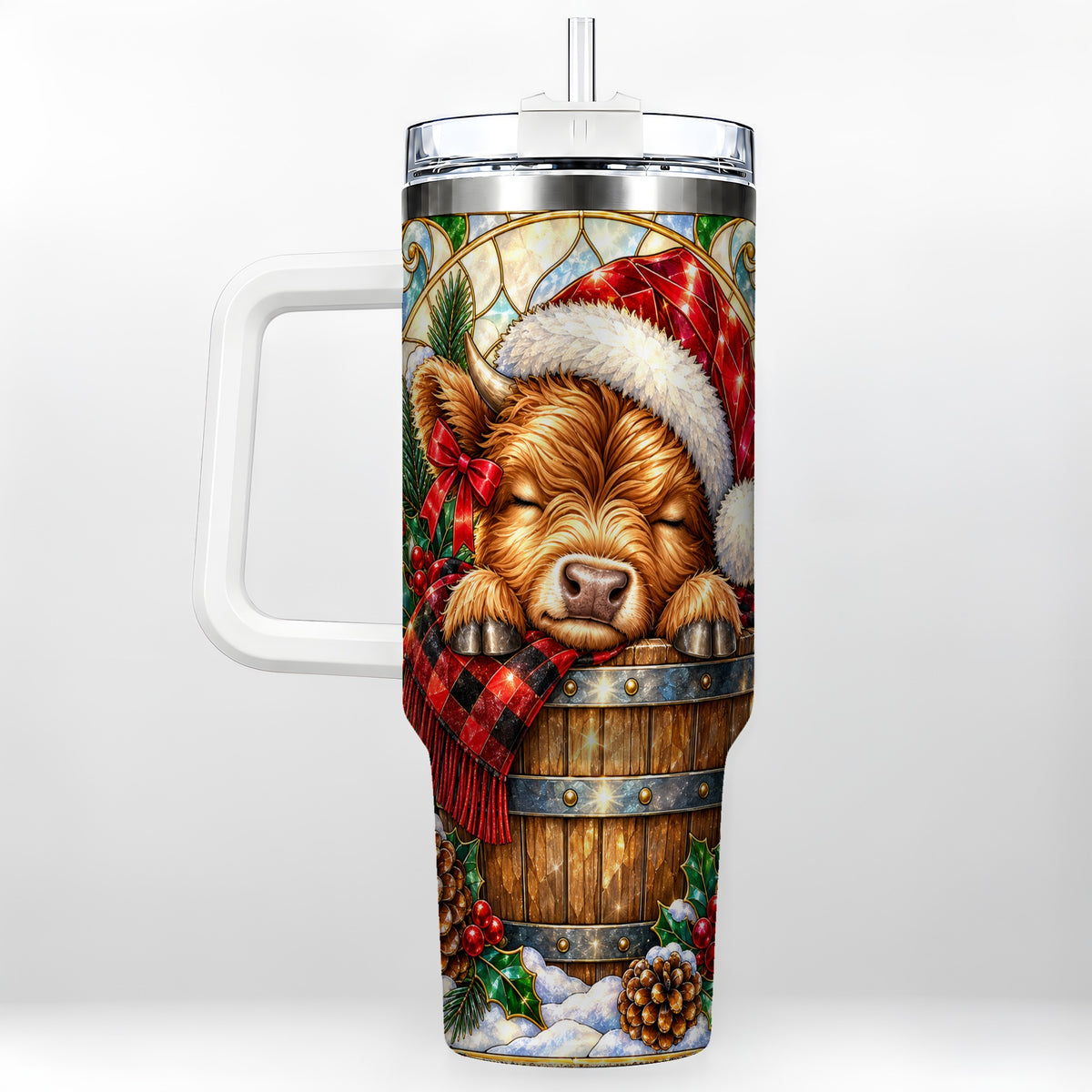 #pl[40oz|White] Stained Glass Cow 40oz Tumbler with Handle, Christmas Travel Cup