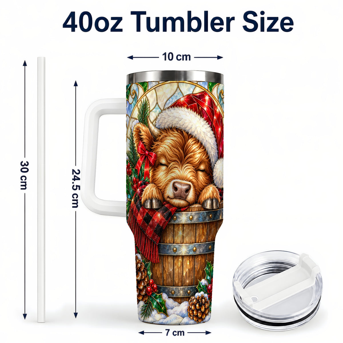 #pl[40oz|White] Stained Glass Cow 40oz Tumbler with Handle, Christmas Travel Cup