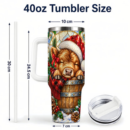 #pl[40oz|White] Stained Glass Cow 40oz Tumbler with Handle, Christmas Travel Cup
