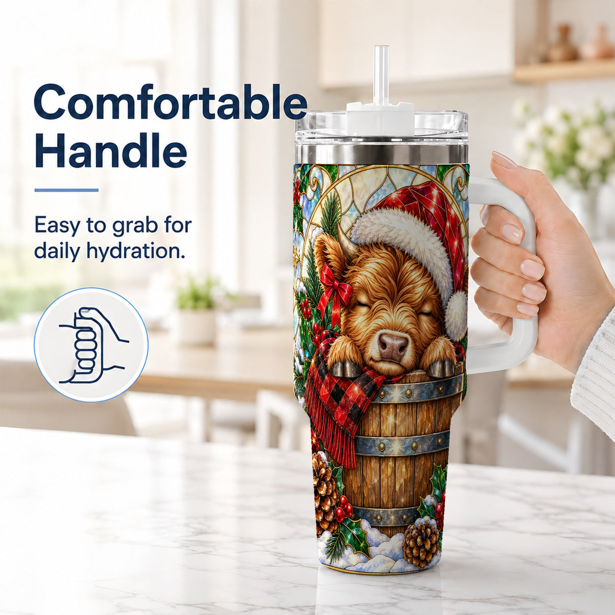 #pl[40oz|White] Stained Glass Cow 40oz Tumbler with Handle, Christmas Travel Cup
