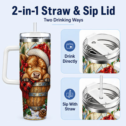 #pl[40oz|White] Stained Glass Cow 40oz Tumbler with Handle, Christmas Travel Cup