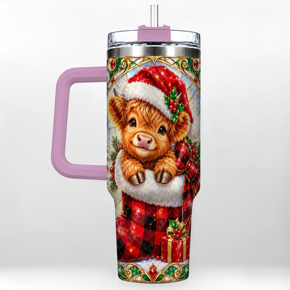 #pl[40oz|Pink] Highland Cow 40oz Tumbler, Christmas Tumbler, Stainless Steel Travel Cup