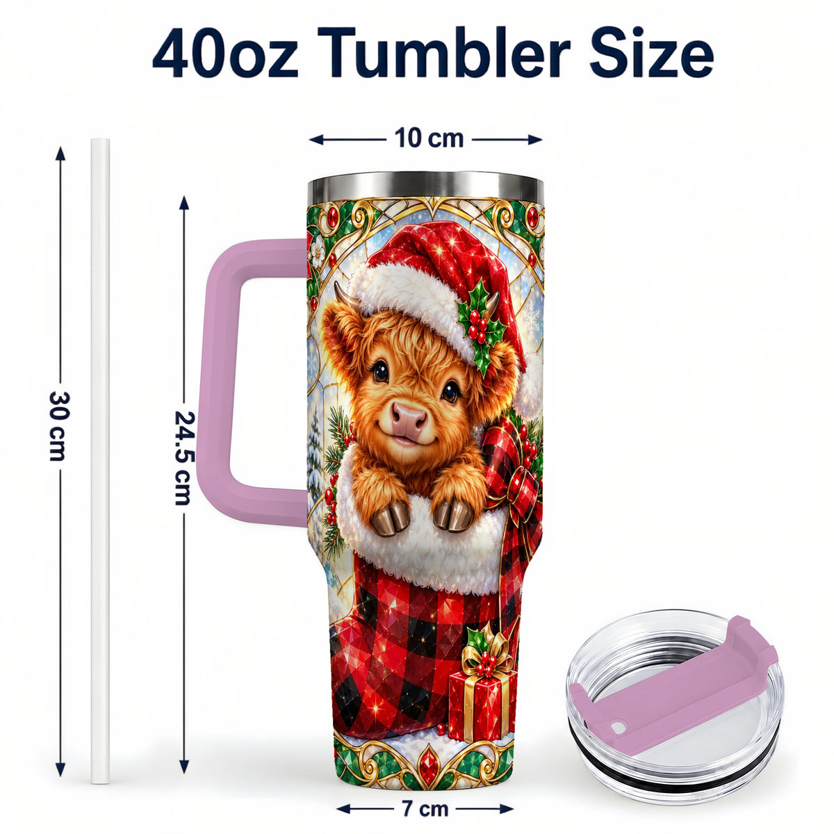 #pl[40oz|Pink] Highland Cow 40oz Tumbler, Christmas Tumbler, Stainless Steel Travel Cup