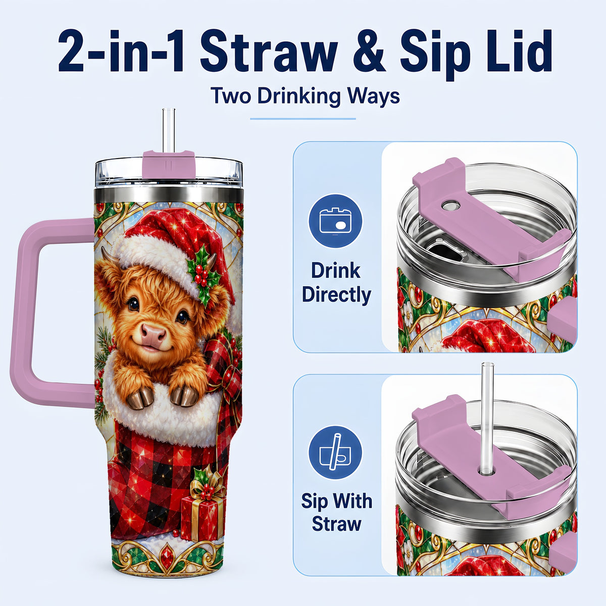 #pl[40oz|Pink] Highland Cow 40oz Tumbler, Christmas Tumbler, Stainless Steel Travel Cup