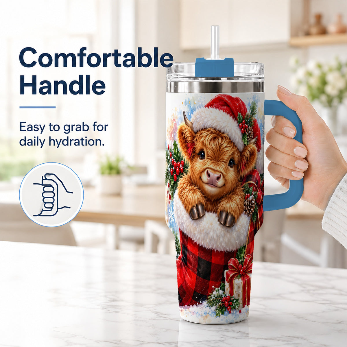 #pl[40oz|Blue] Watercolor Cow 40oz Tumbler, Holiday Tumbler, Stainless Steel Travel Cup