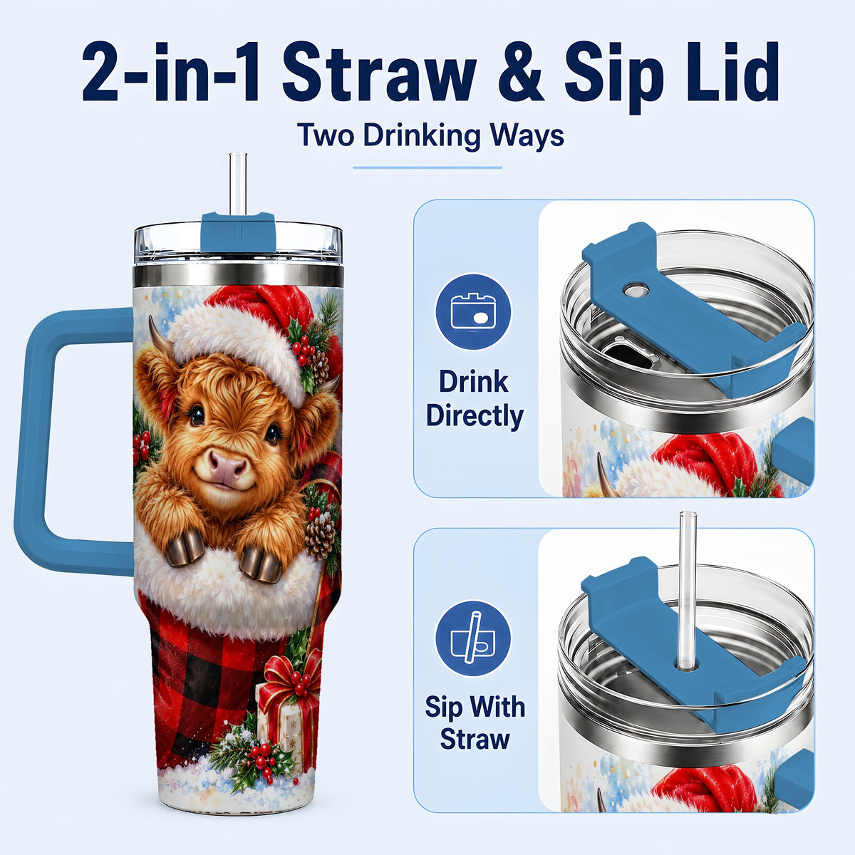 #pl[40oz|Blue] Watercolor Cow 40oz Tumbler, Holiday Tumbler, Stainless Steel Travel Cup