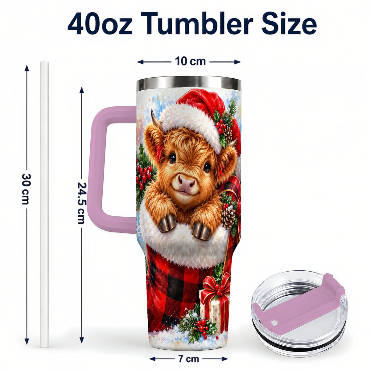 #pl[40oz|Pink] Watercolor Cow 40oz Tumbler, Holiday Tumbler, Stainless Steel Travel Cup