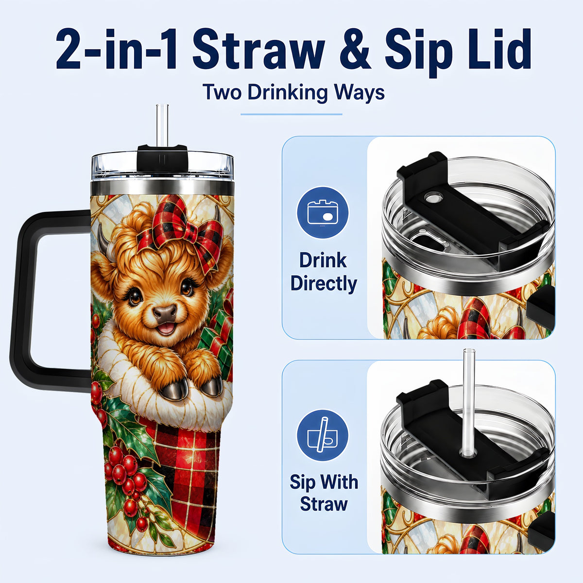 #pl[40oz|Black] Plaid Cow 40oz Tumbler, Christmas Tumbler, Stainless Steel Travel Cup