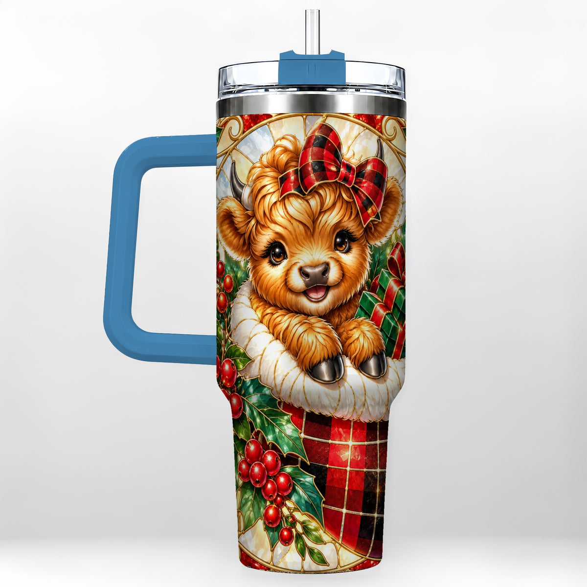 #pl[40oz|Blue] Plaid Cow 40oz Tumbler, Christmas Tumbler, Stainless Steel Travel Cup