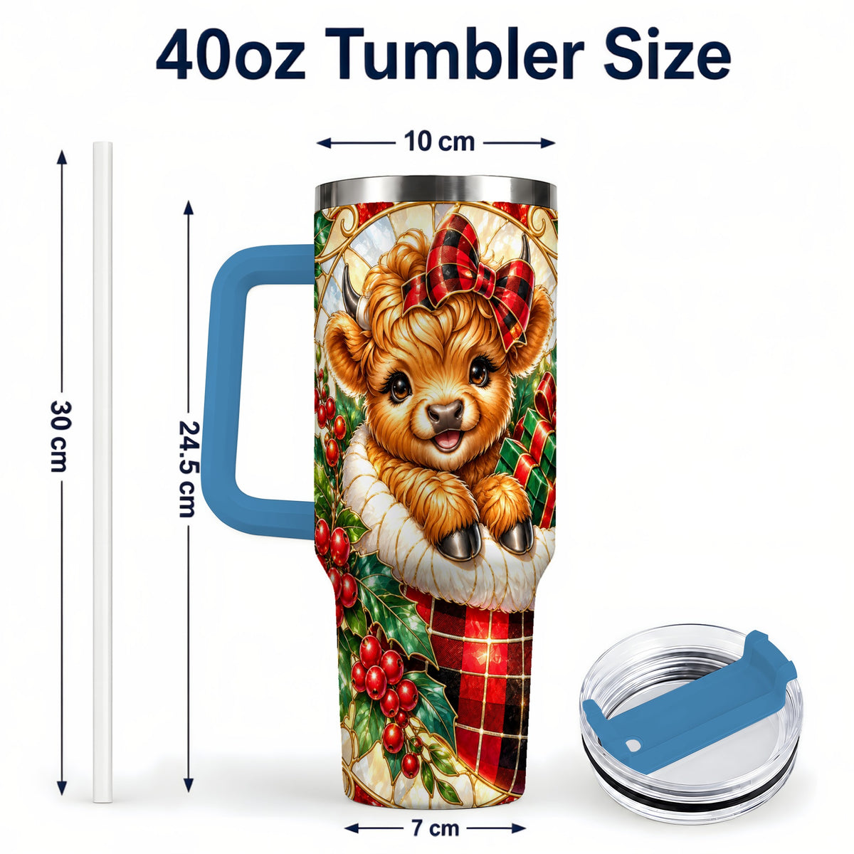 #pl[40oz|Blue] Plaid Cow 40oz Tumbler, Christmas Tumbler, Stainless Steel Travel Cup