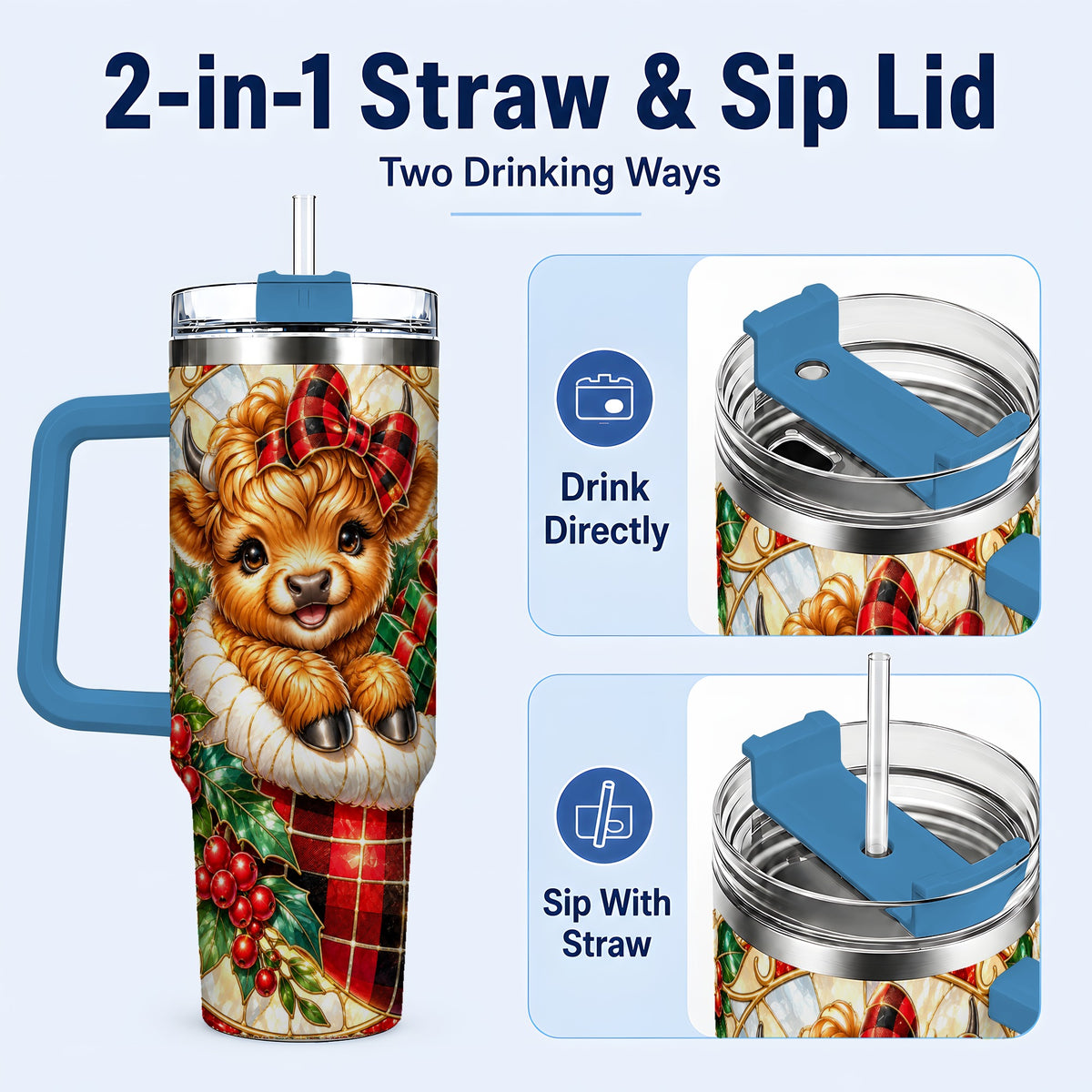 #pl[40oz|Blue] Plaid Cow 40oz Tumbler, Christmas Tumbler, Stainless Steel Travel Cup