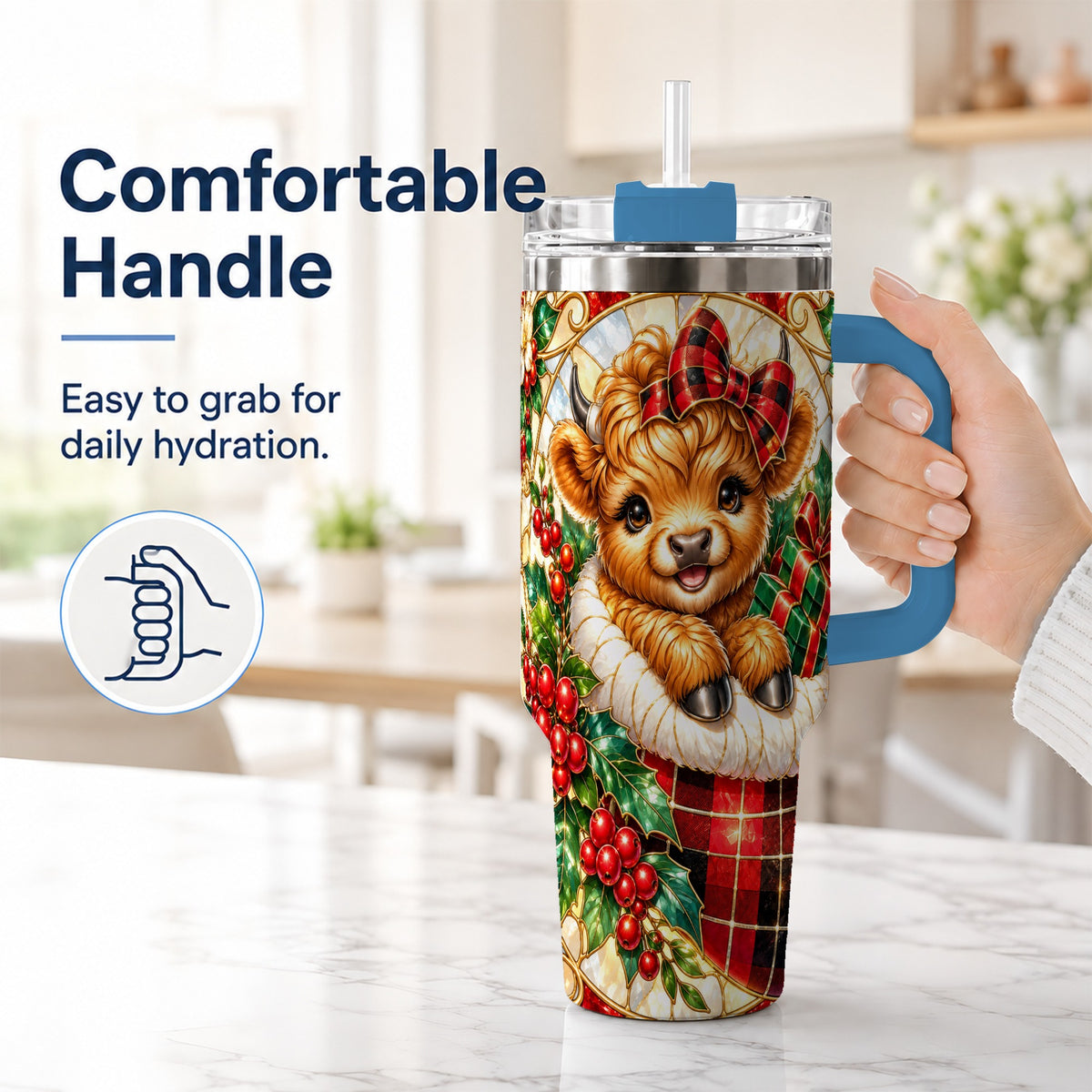 #pl[40oz|Blue] Plaid Cow 40oz Tumbler, Christmas Tumbler, Stainless Steel Travel Cup