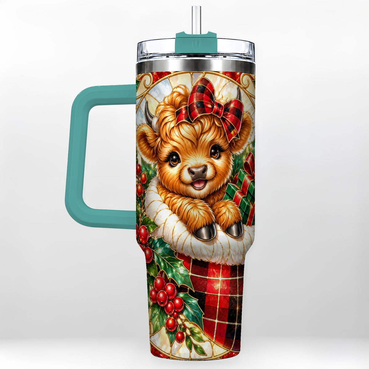 #pl[40oz|Green] Plaid Cow 40oz Tumbler, Christmas Tumbler, Stainless Steel Travel Cup