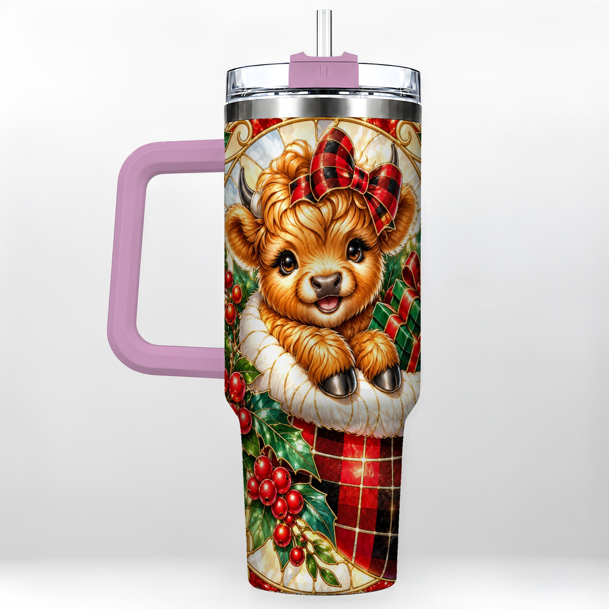 #pl[40oz|Pink] Plaid Cow 40oz Tumbler, Christmas Tumbler, Stainless Steel Travel Cup