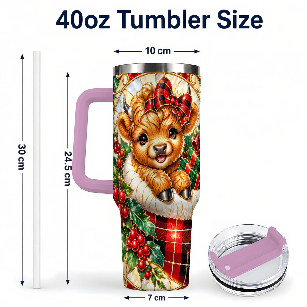 #pl[40oz|Pink] Plaid Cow 40oz Tumbler, Christmas Tumbler, Stainless Steel Travel Cup