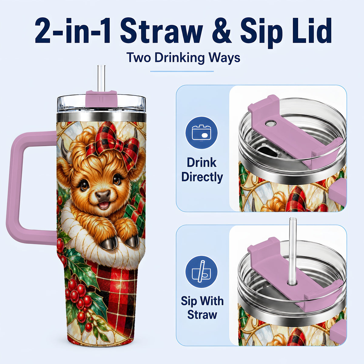 #pl[40oz|Pink] Plaid Cow 40oz Tumbler, Christmas Tumbler, Stainless Steel Travel Cup