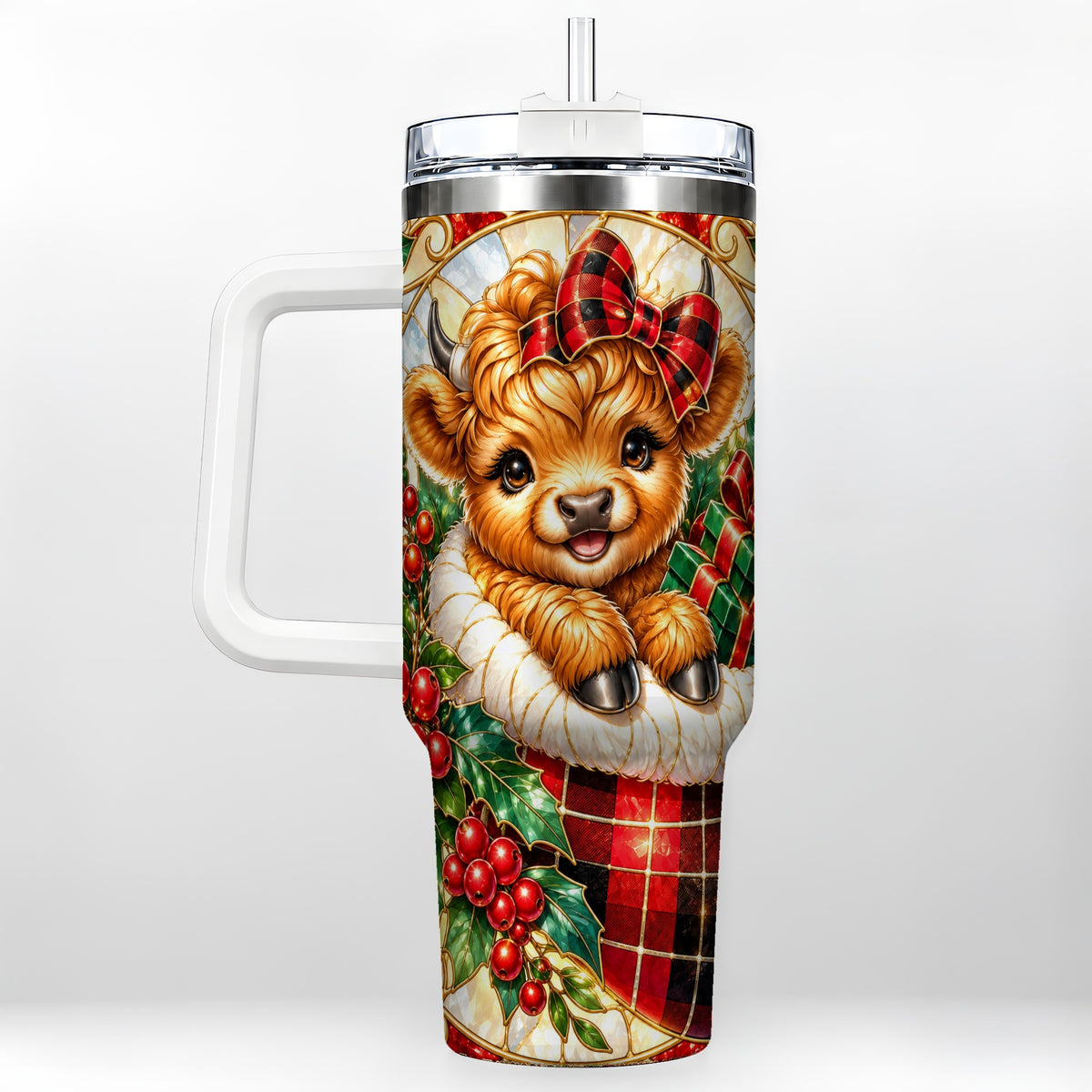 #pl[40oz|White] Plaid Cow 40oz Tumbler, Christmas Tumbler, Stainless Steel Travel Cup
