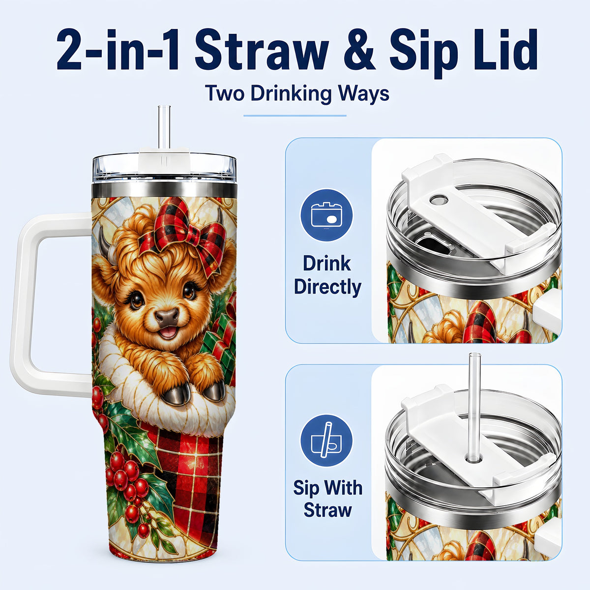 #pl[40oz|White] Plaid Cow 40oz Tumbler, Christmas Tumbler, Stainless Steel Travel Cup