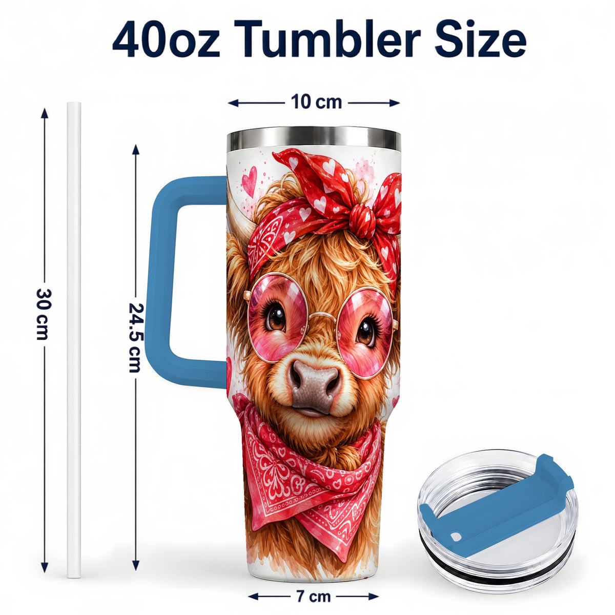 #pl[40oz|Blue] Highland Cow 40oz Tumbler, Heart Tumbler, Stainless Steel Travel Cup