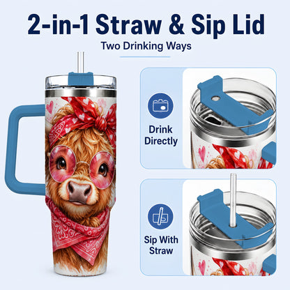 #pl[40oz|Blue] Highland Cow 40oz Tumbler, Heart Tumbler, Stainless Steel Travel Cup