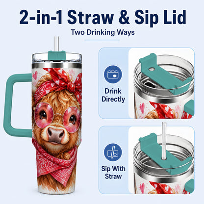#pl[40oz|Green] Highland Cow 40oz Tumbler, Heart Tumbler, Stainless Steel Travel Cup
