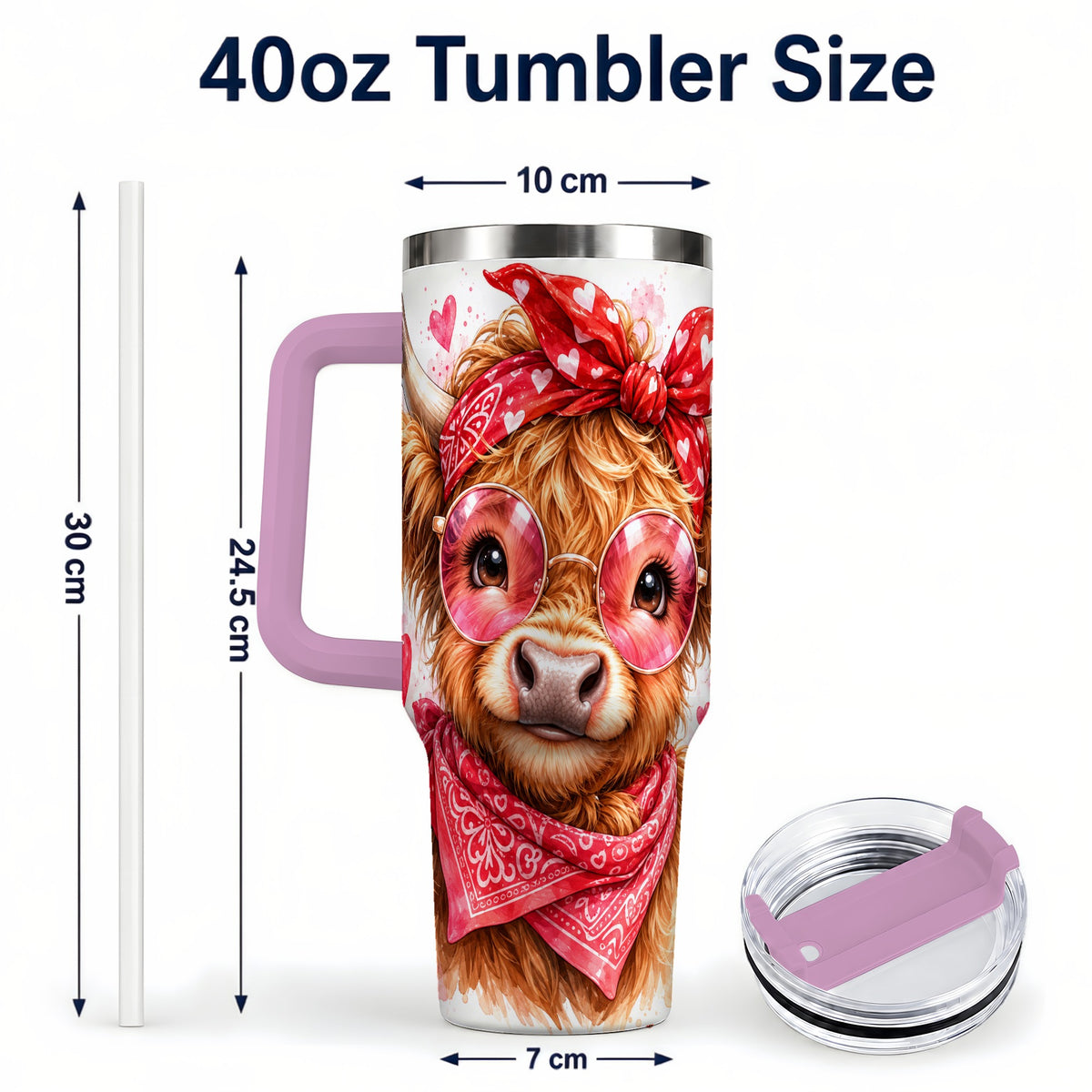 #pl[40oz|Pink] Highland Cow 40oz Tumbler, Heart Tumbler, Stainless Steel Travel Cup