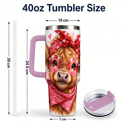 #pl[40oz|Pink] Highland Cow 40oz Tumbler, Heart Tumbler, Stainless Steel Travel Cup