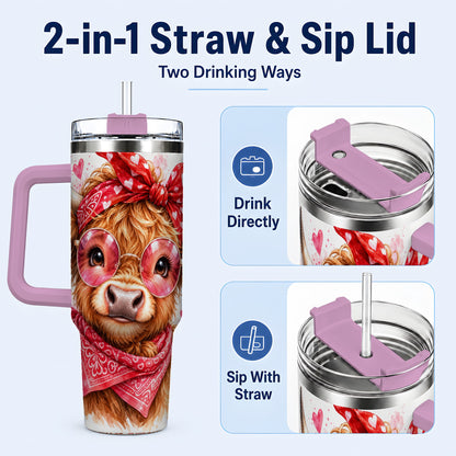 #pl[40oz|Pink] Highland Cow 40oz Tumbler, Heart Tumbler, Stainless Steel Travel Cup