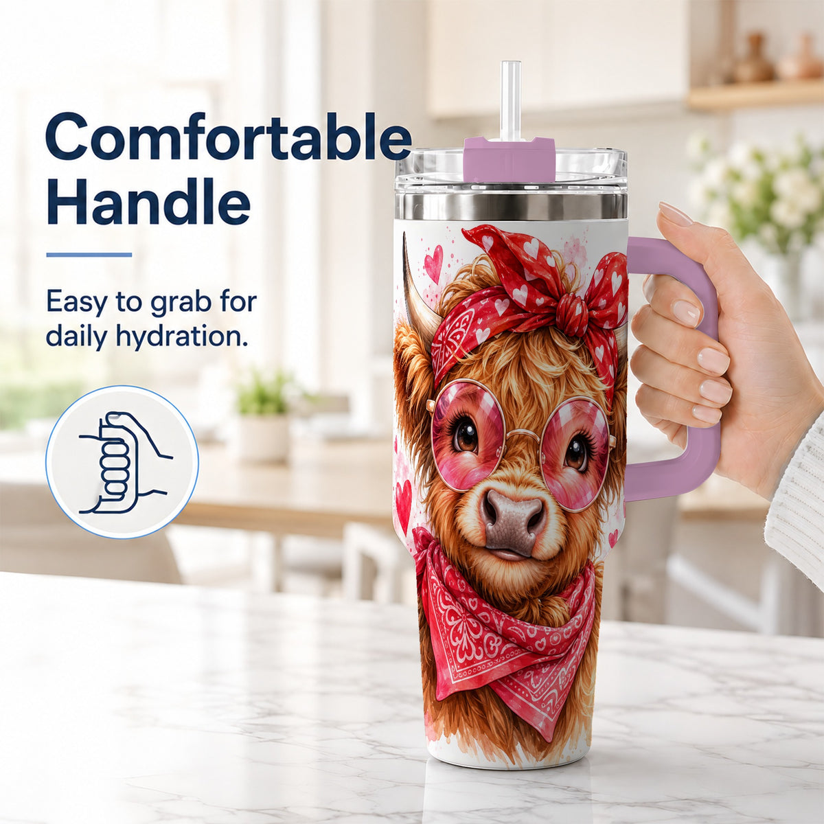 #pl[40oz|Pink] Highland Cow 40oz Tumbler, Heart Tumbler, Stainless Steel Travel Cup