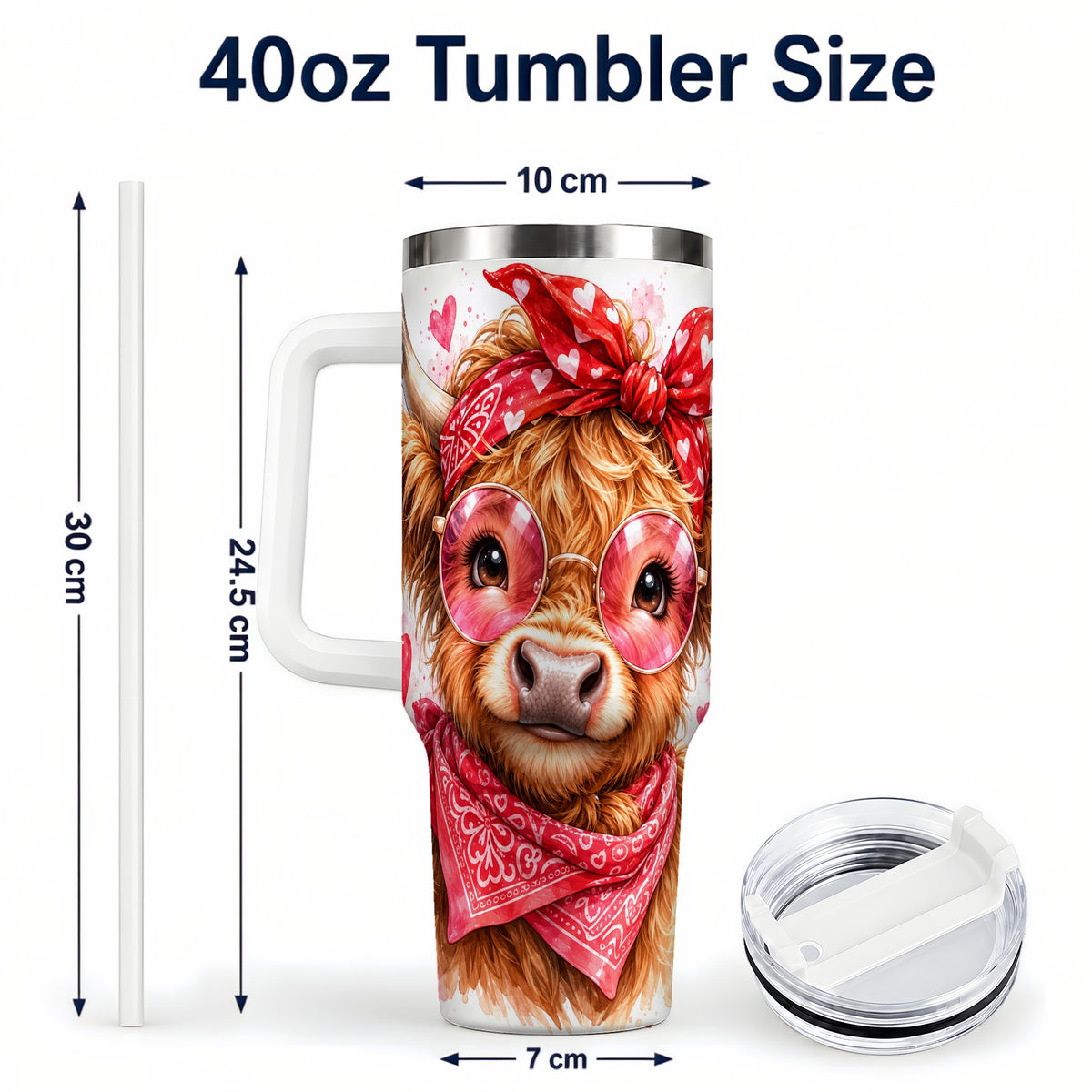 #pl[40oz|White] Highland Cow 40oz Tumbler, Heart Tumbler, Stainless Steel Travel Cup