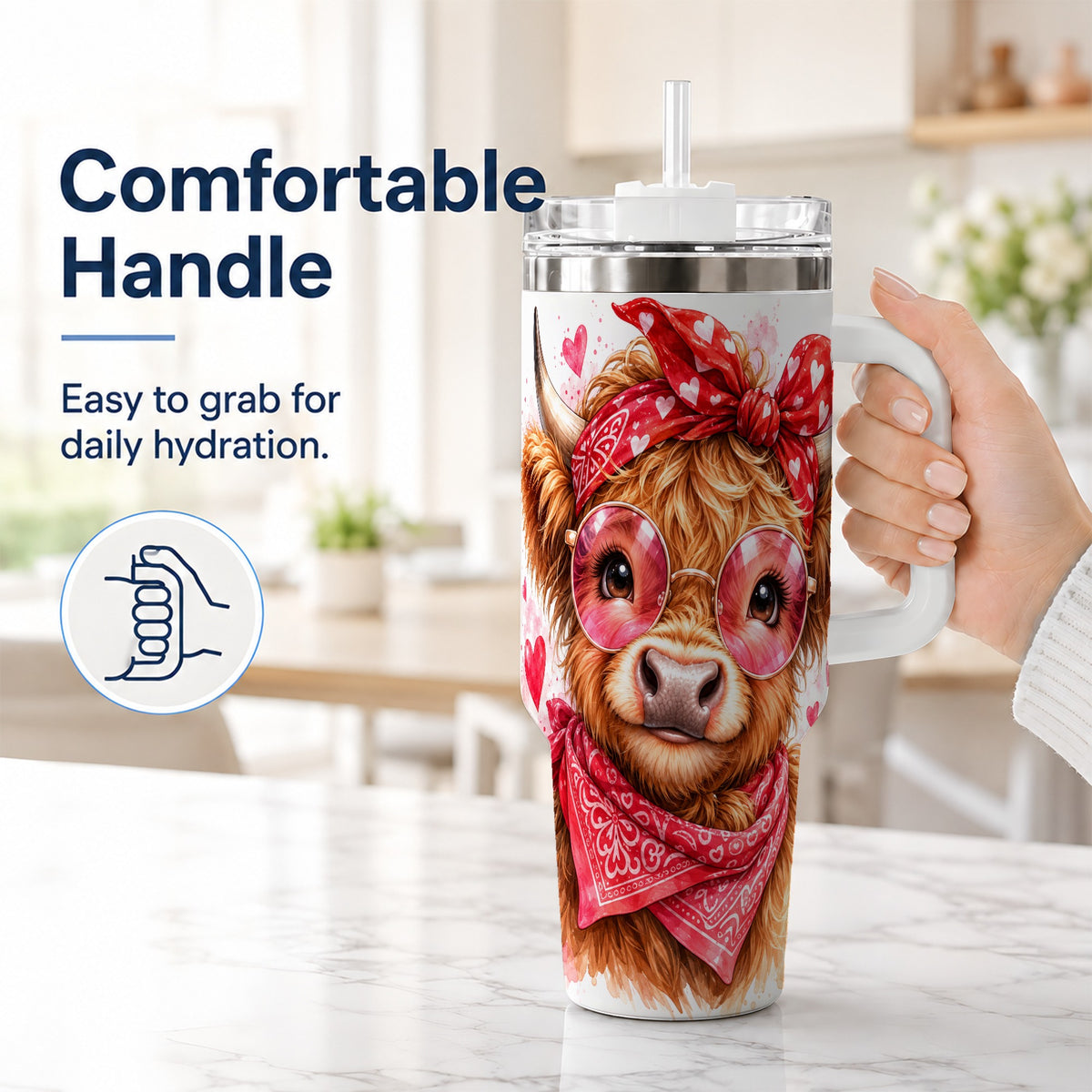 #pl[40oz|White] Highland Cow 40oz Tumbler, Heart Tumbler, Stainless Steel Travel Cup